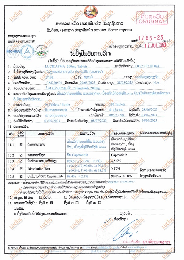Capmatinib (Lucicapma) Test Report
